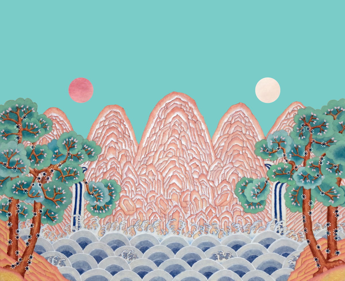 [최지현作 ㅣ 일월오봉도, 41x60.6cm, 한지에 분채, 2025]