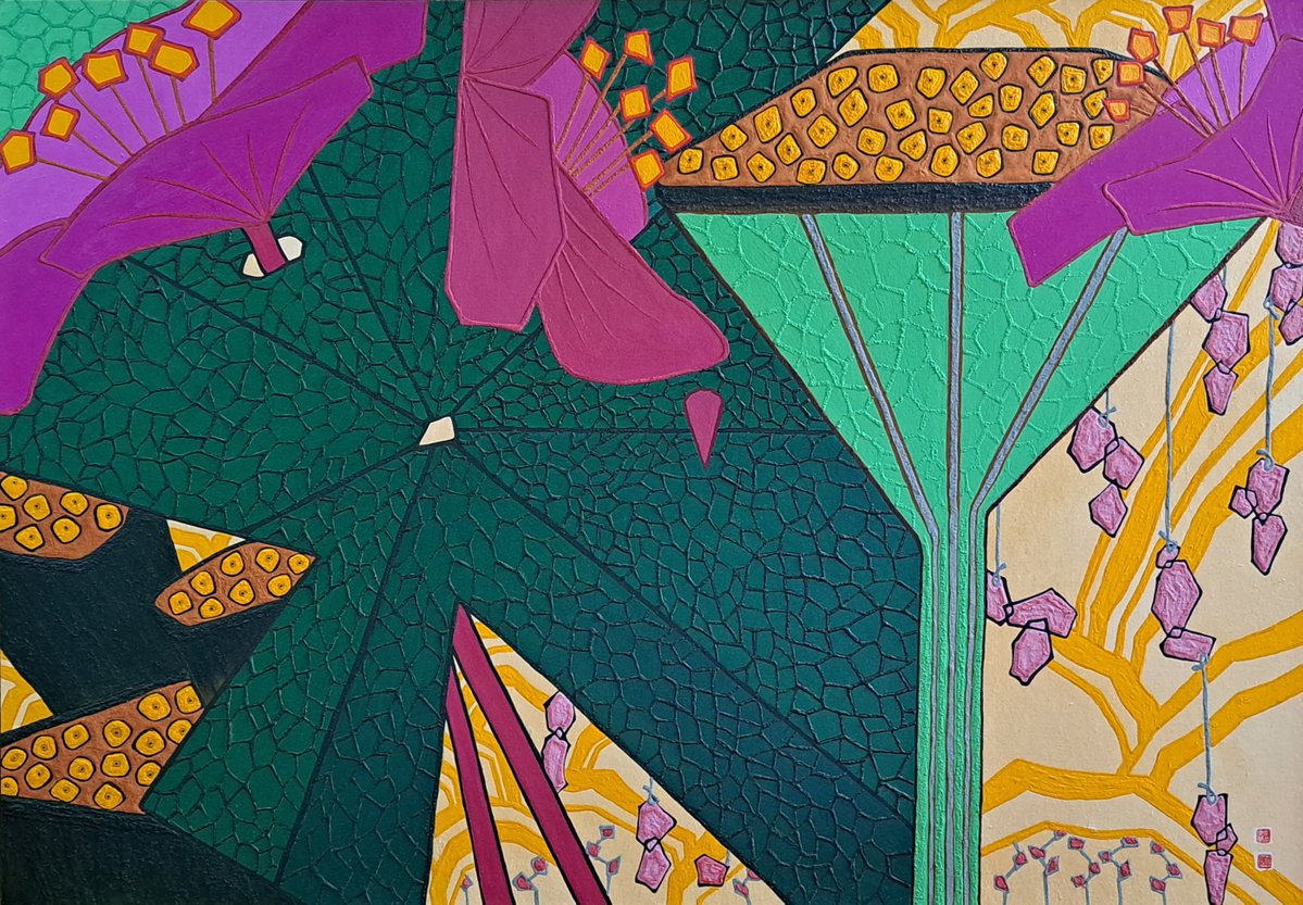 [이혜란作 l 연(蓮)의 정적, 80x116cm, 장지에 아크릴과 석채, 2025]