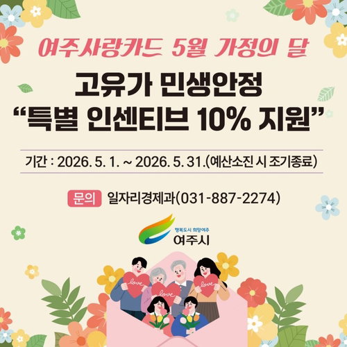 여주시, 가정의달 5월 지역화폐 인센티브 8&rarr;10% 확대