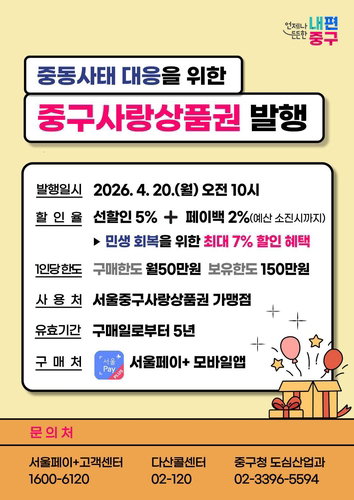 중동 사태 경제 불안 속 중구, 20억 사랑상품권 발행으로 소상공인 살린다