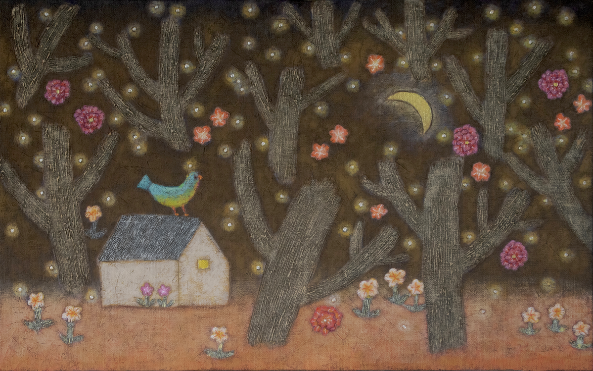 [조수정 작가, 마당에선 별들이 잔치를 벌리고 있다. 황마에 백토와 혼합재료, 116.8x72.7cm, 2025]