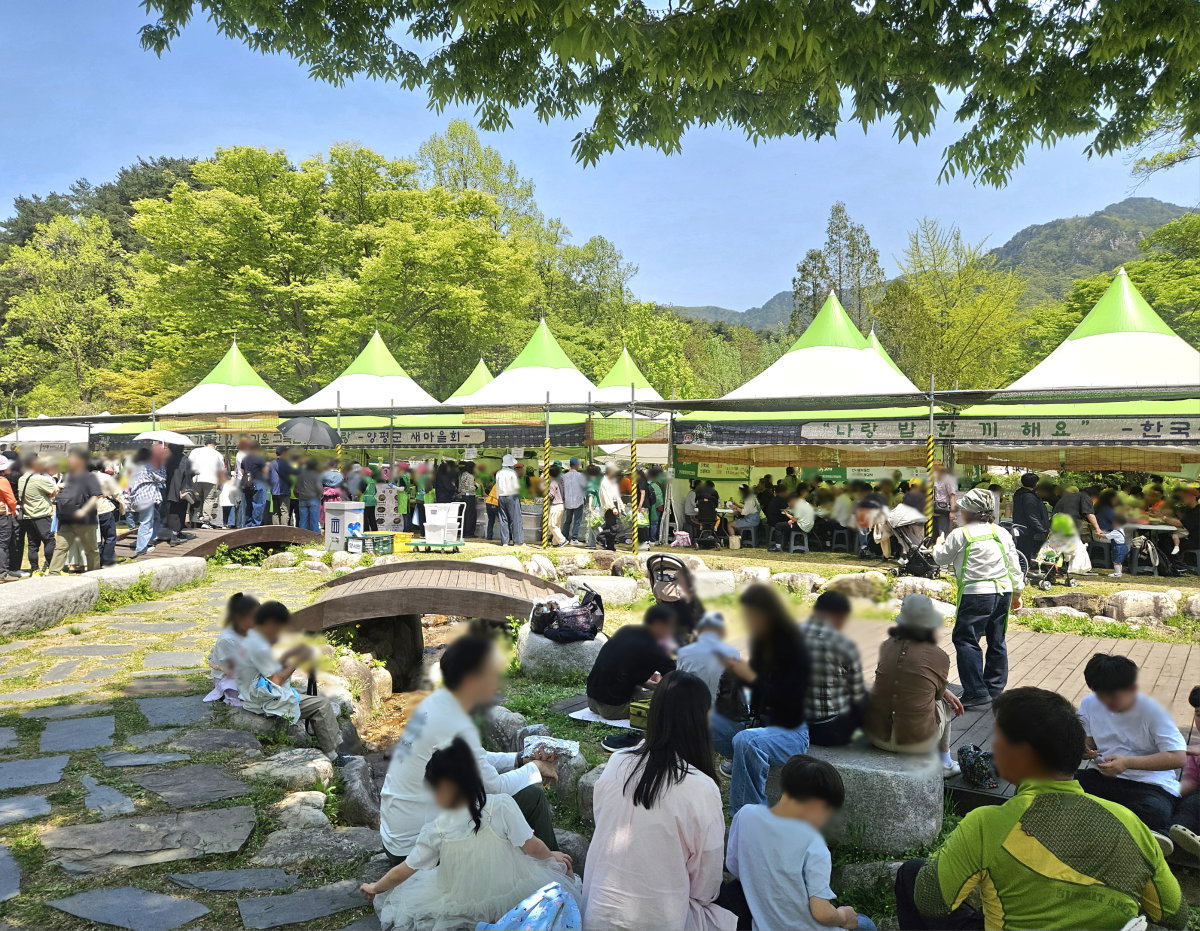 [방문객들이 가족들과 점심식사를 하고 있다]