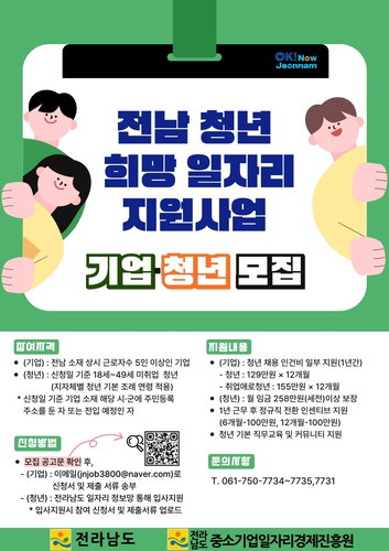 전남 청년 희망일자리 지원 대폭 확대, 기업 인건비 최대 155만원 지급