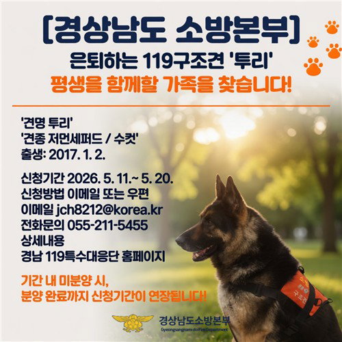 108회 사선 넘나든 &lsquo;경남의 영웅&rsquo; 구조견 투리 은퇴&hellip; 8년 헌신 뒤 따뜻한 노후 찾는다