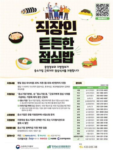 중소기업 근로자 5만 명 점심값 20% 지원&hellip;농식품부 &lsquo;든든한 점심밥&rsquo; 본격 시행