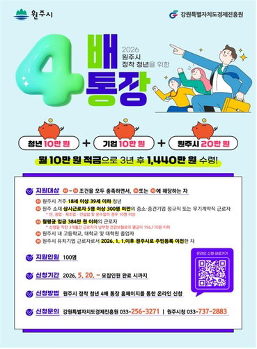 원주시, 청년 자산 4배 불리는 '정착 통장' 전격 시행&hellip; 3년 만기 시 1440만원 지급
